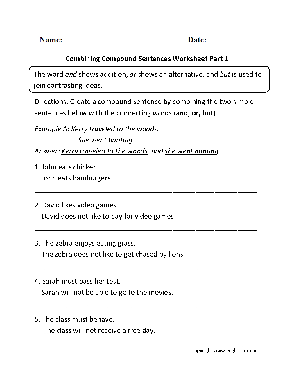 Combining Compound Sentences Worksheet Part 1 | Compound