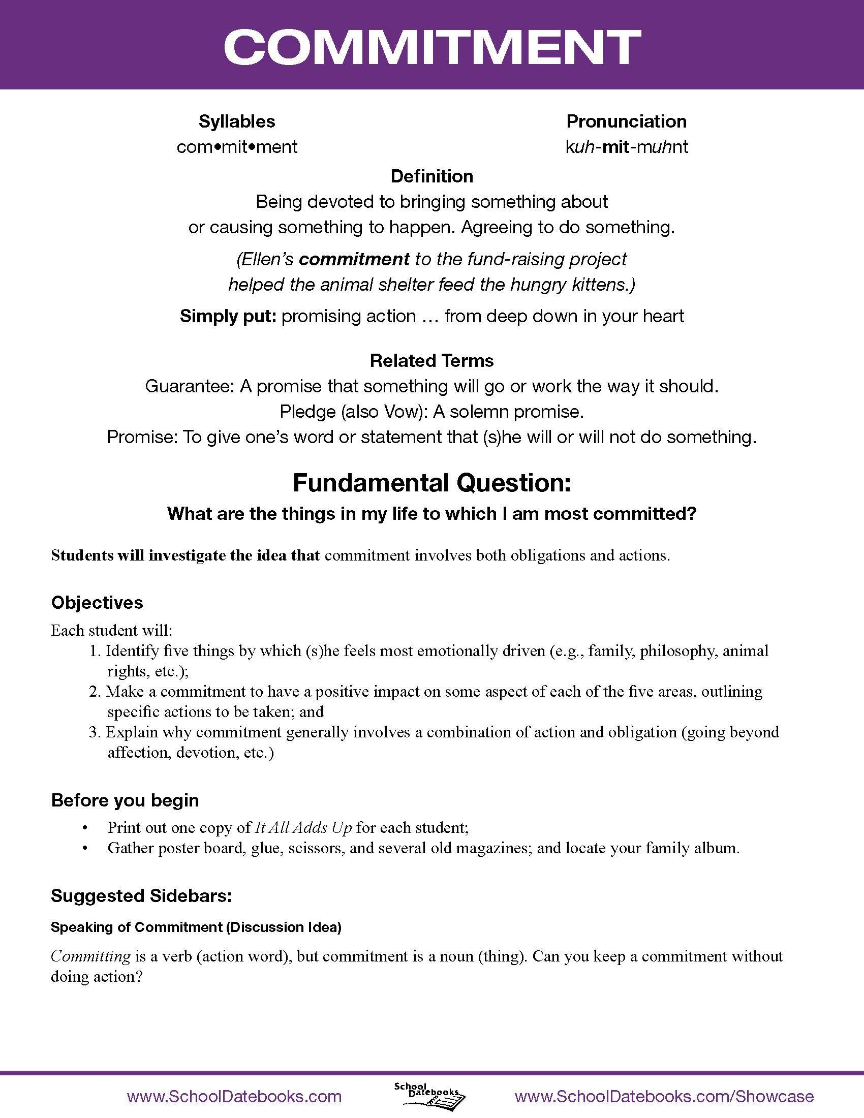 Commitment - Character Lesson Plan. Free, Downloadable, 52