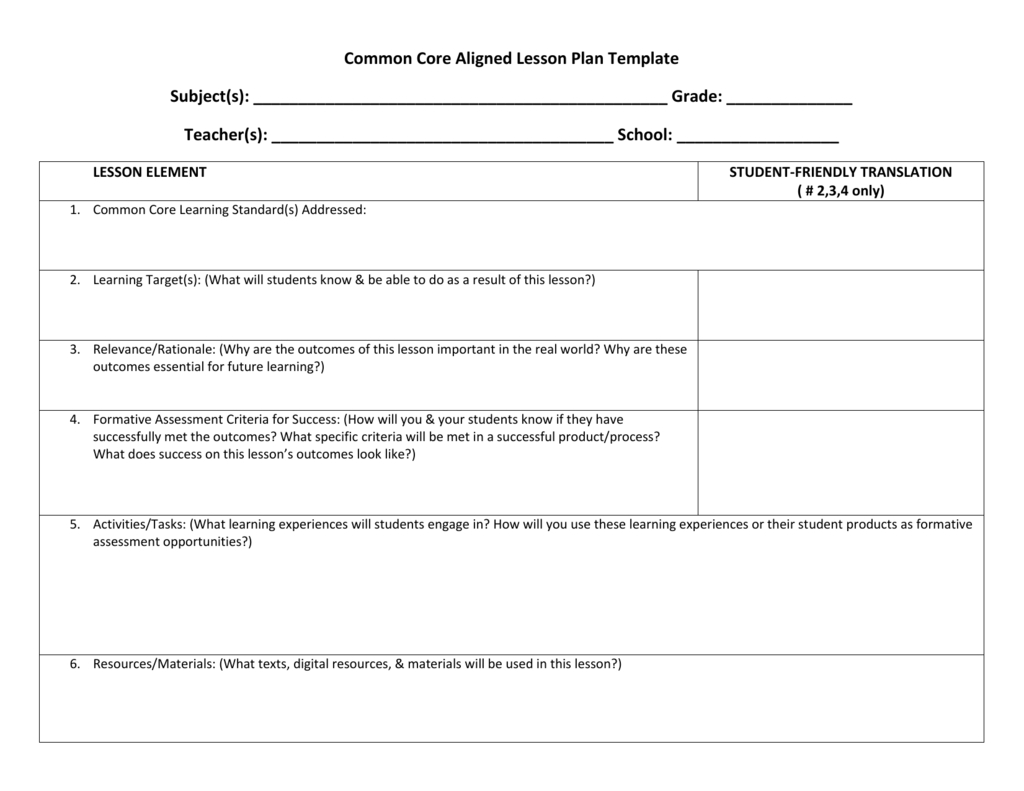 Common Core Aligned Lesson Plan Template (Doc)