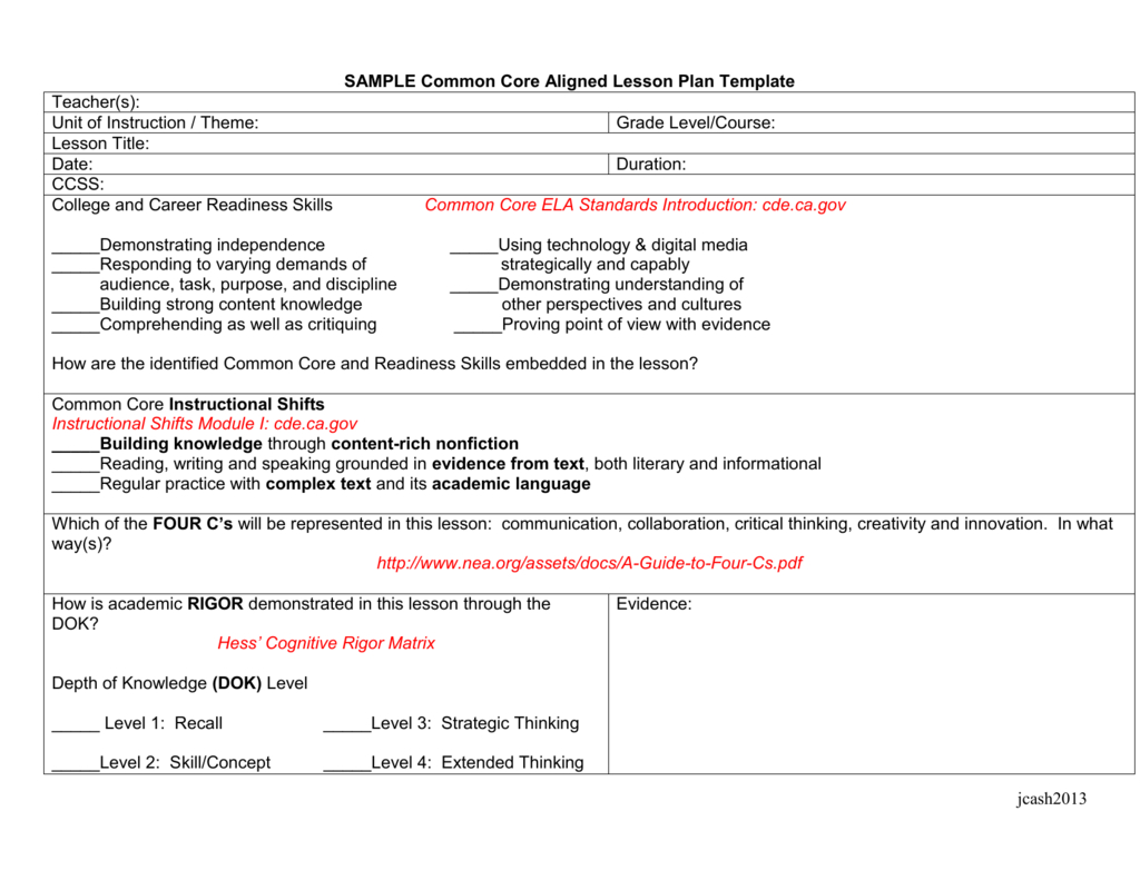 Common Core Aligned Lesson Plan Template