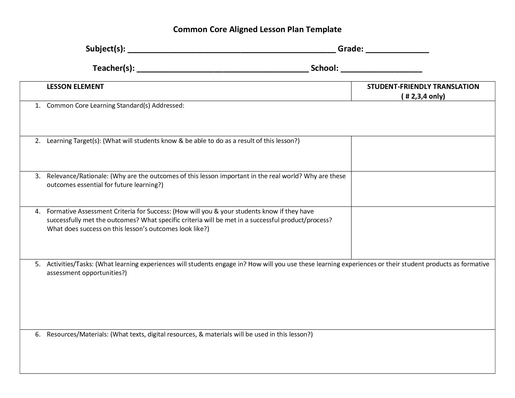 Common Core Lesson Plan Template | Lesson Plan Templates