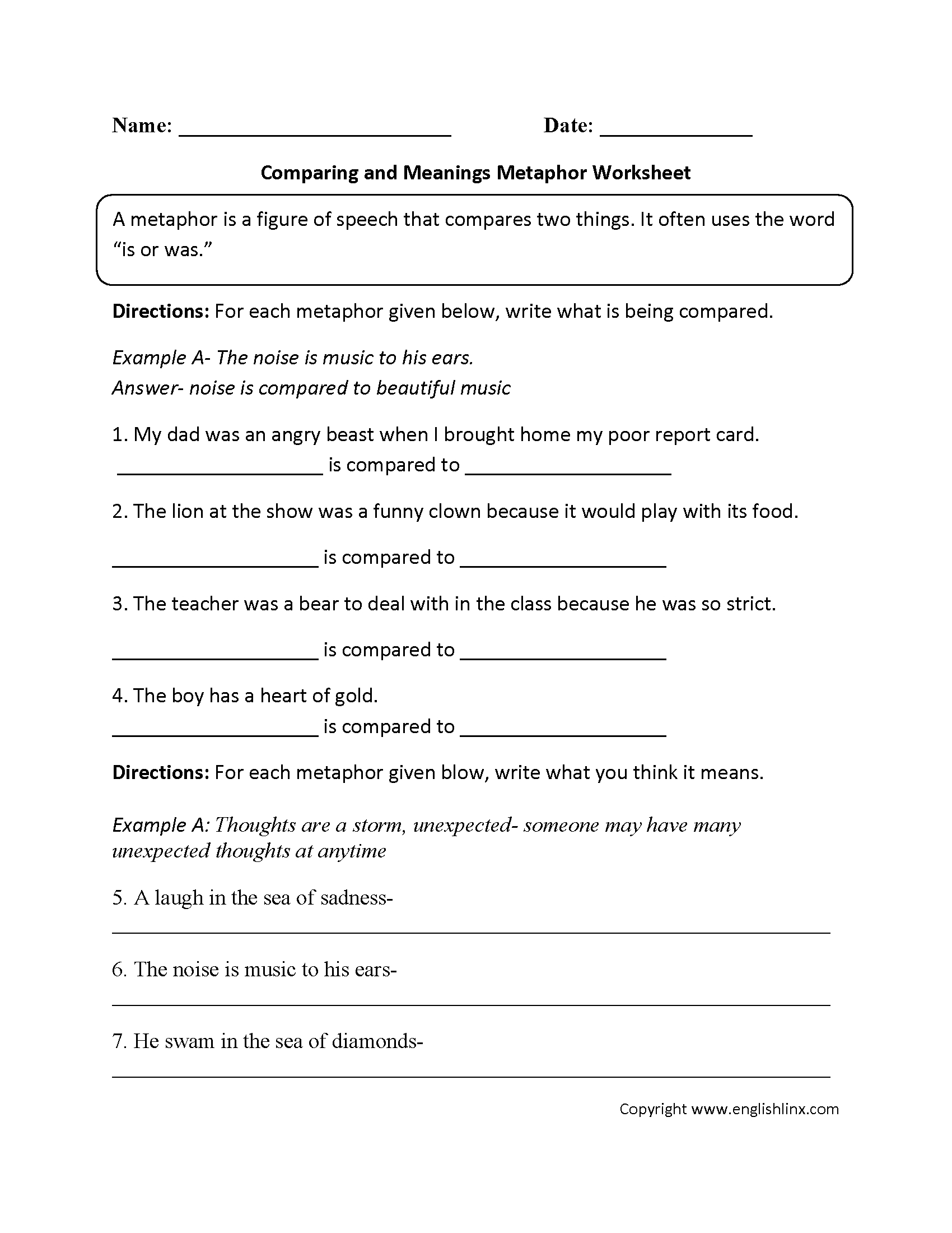 Comparing And Meanings Metaphor Worksheet (With Images