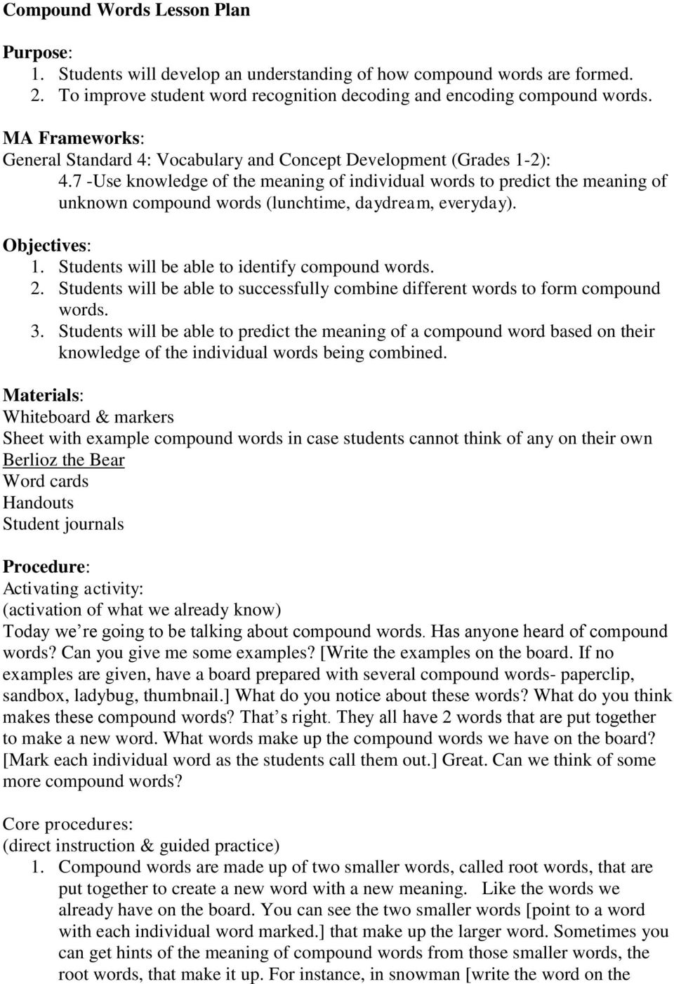 Compound Words Lesson Plan - Pdf Free Download