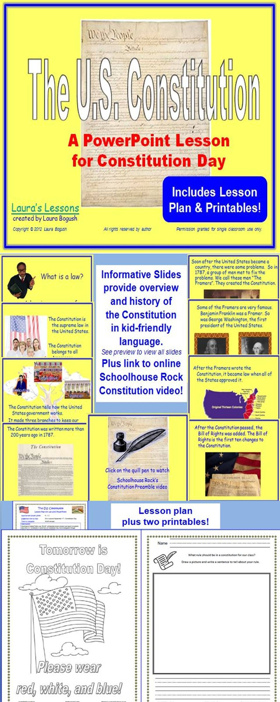 Constitution Day Powerpoint Lesson W/ Worksheets K-3