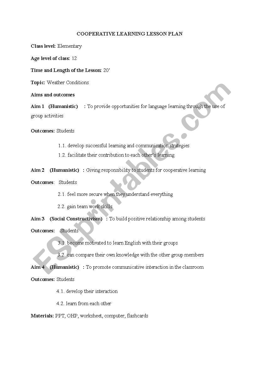 Cooperative Learning Lesson Plan - Esl Worksheetsevcannn