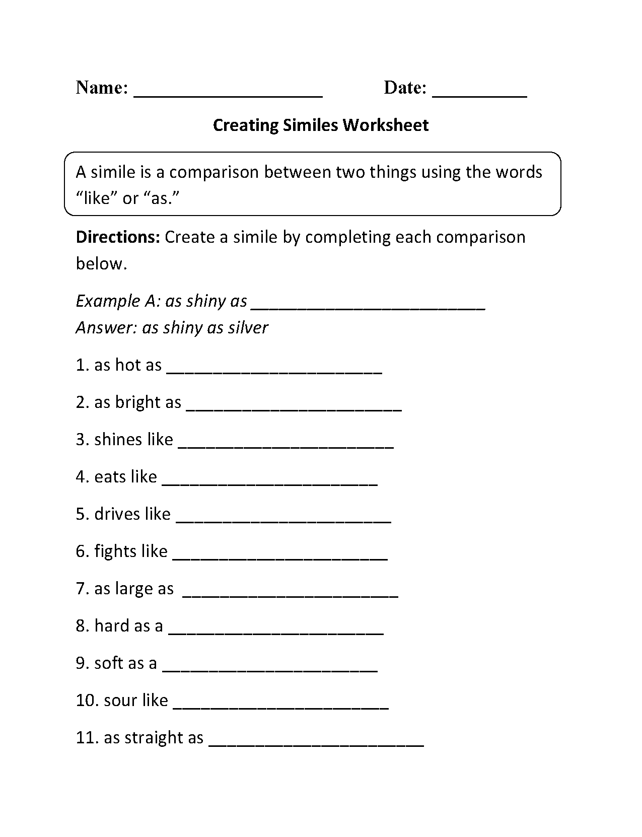 Creating Similes Worksheet | Simile Worksheet, Simile