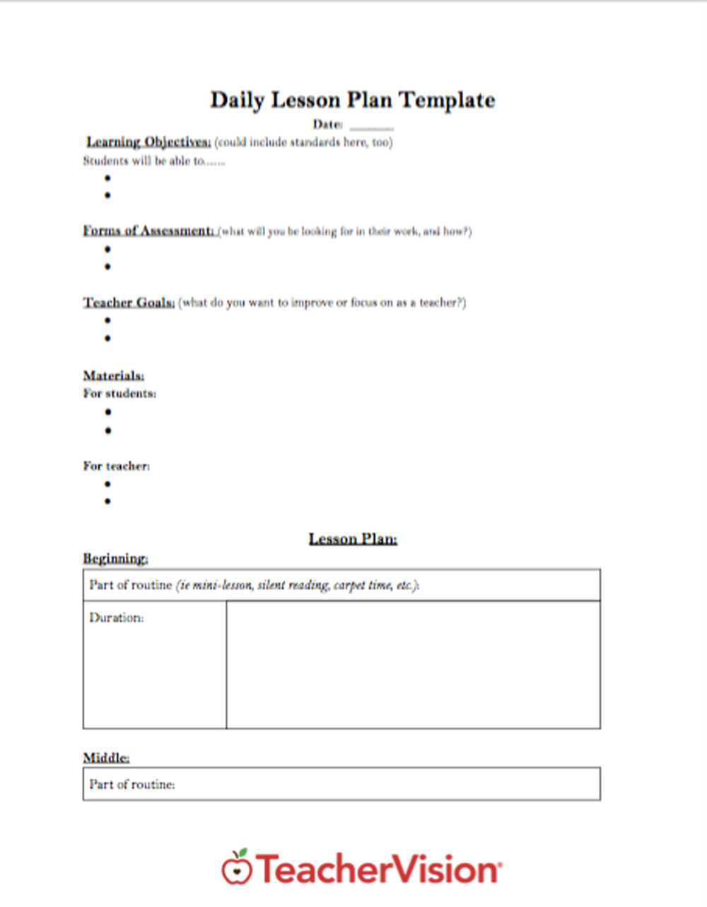 Daily Lesson Plan Template - Teachervision