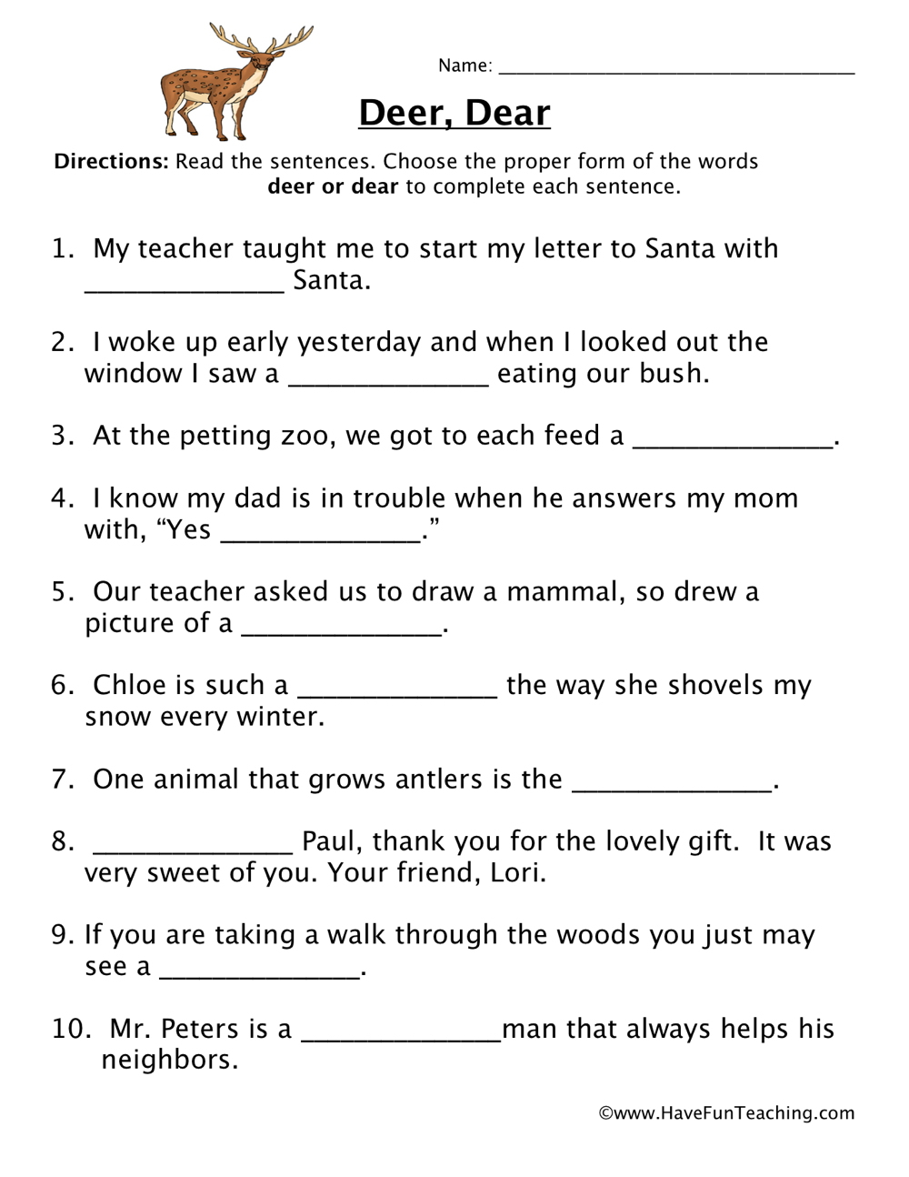 Deer, Dear Homophones Worksheet