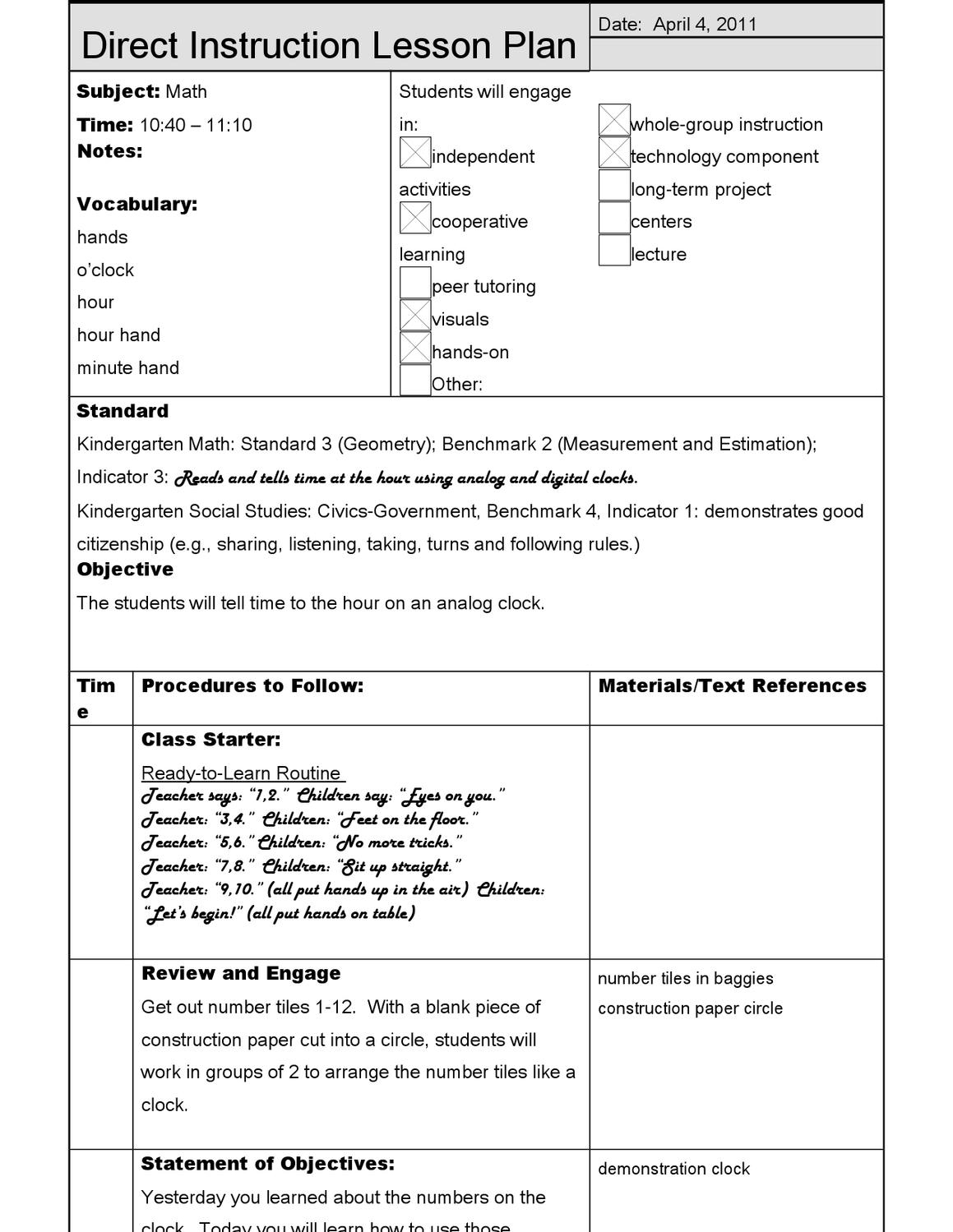 Direct Instruction Lesson Plan Telling Timebeth Donahue