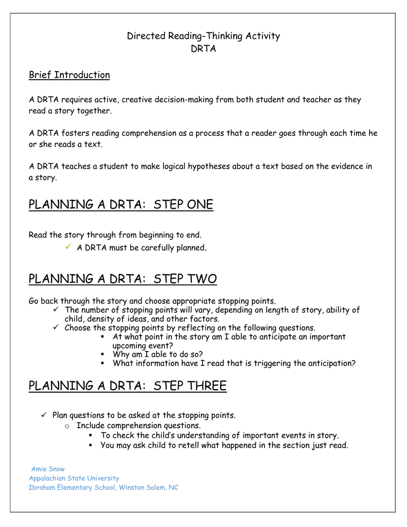 Directed Reading-Thinking Activity Drta Brief Introduction