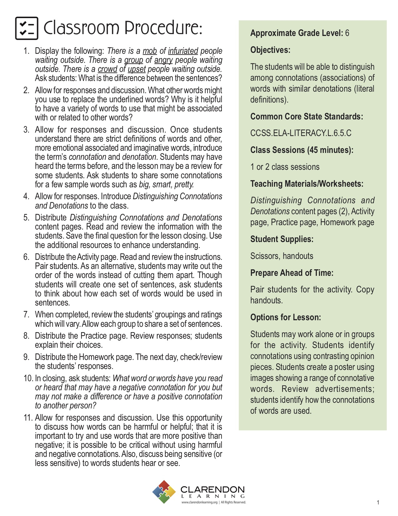 Distinguishing Connotations And Denotations Lesson Plan