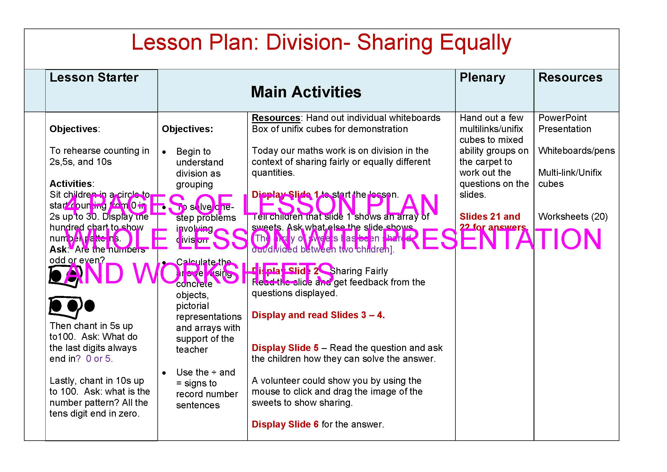 Division: Sharing Equally - Presentation, Lesson Plan, Activities And  Worksheets - Keystage 1