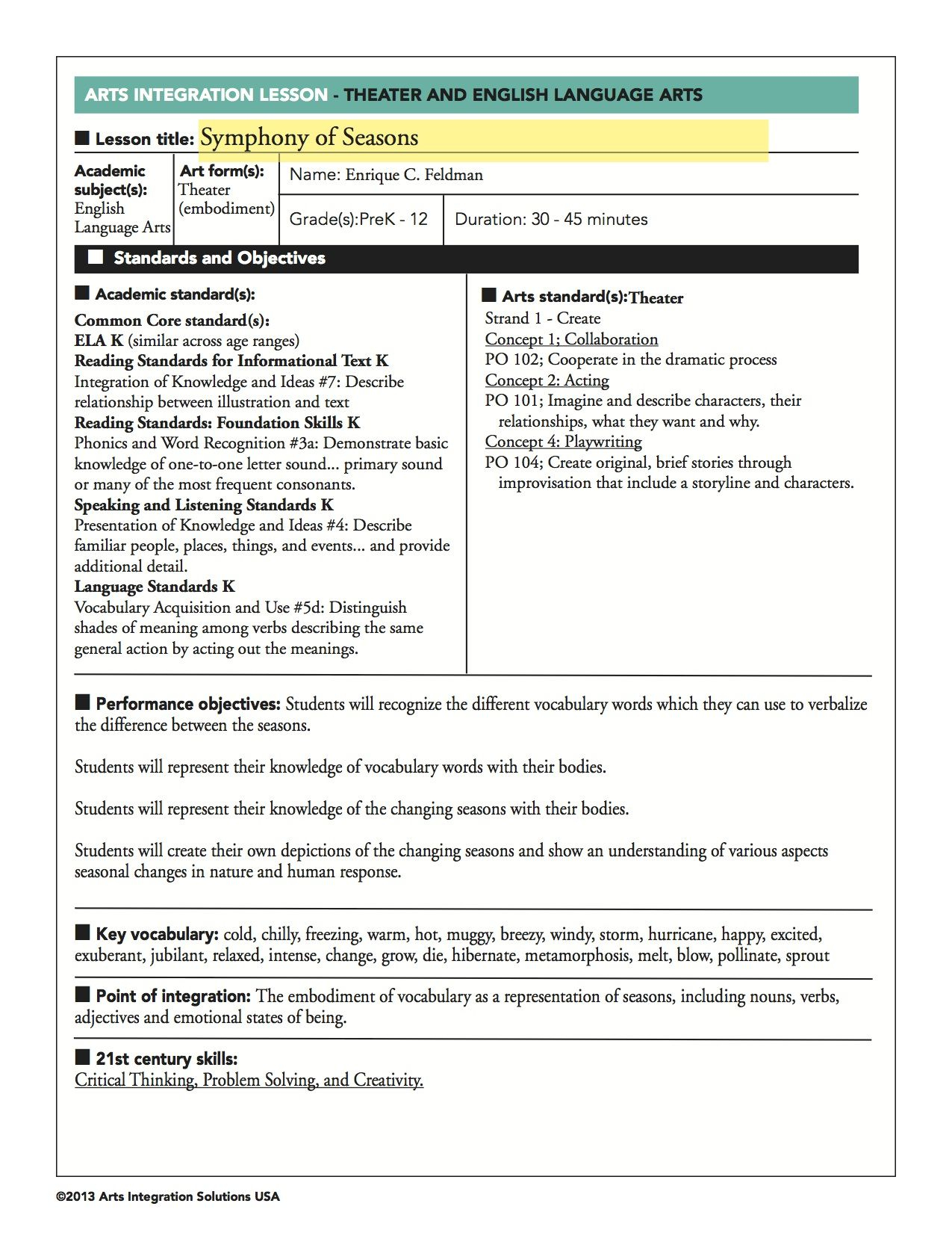 Drama Lesson 9 *click For Full Lesson Plan* | Art