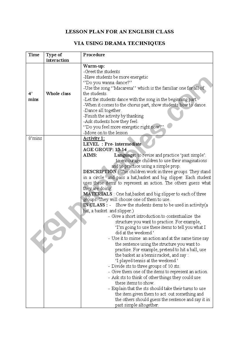 Drama Lesson Plan - Esl Worksheetyasam