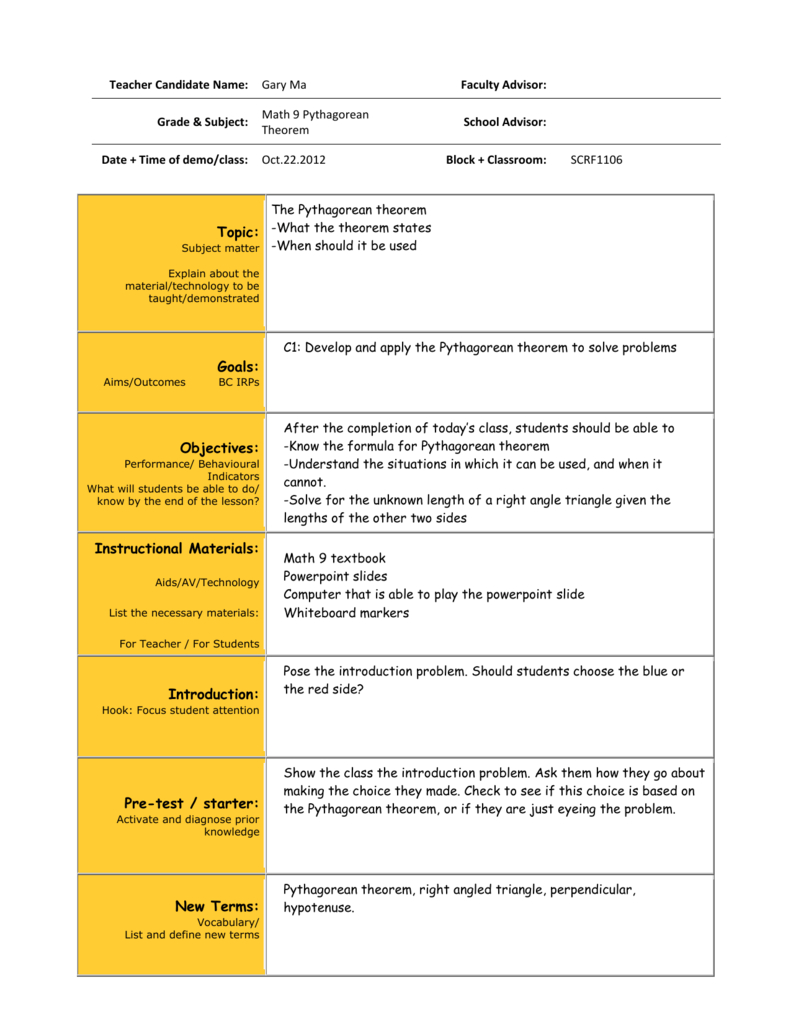 Edcp373A-Pythagorean Theorem Lesson Plan