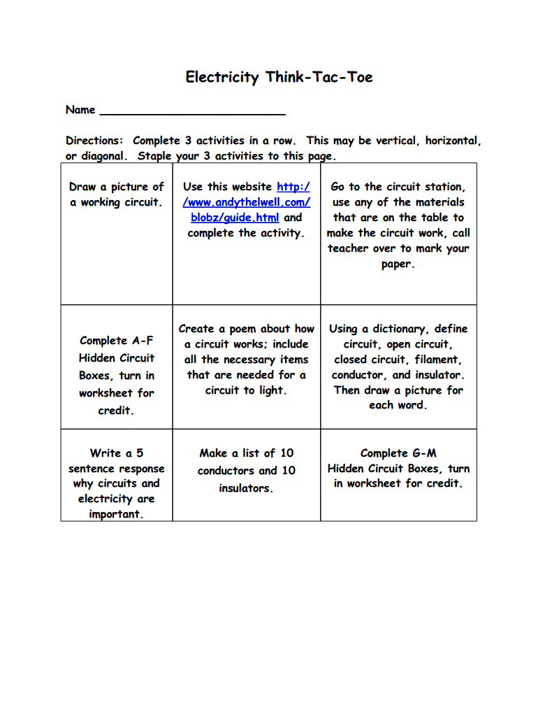 Electricity-Think-Tac-Toe1.doc | Third Grade Science