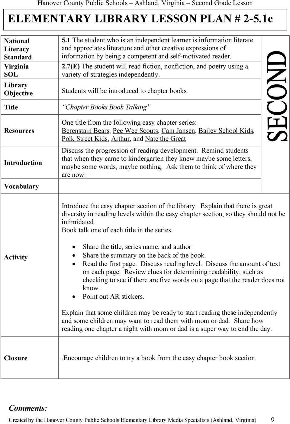 Elementary Library Lesson Plan # 2-1.4A - Pdf Free Download