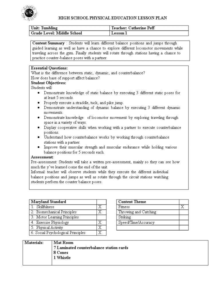 Physical Education Lesson Plan Template - Lesson Plans Learning