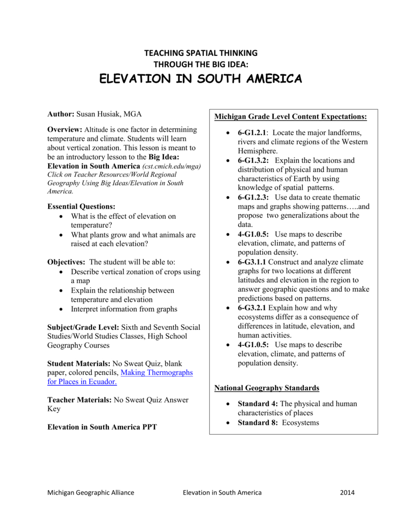 Elevation In South America Lesson Plan
