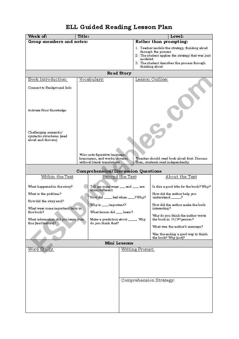 Ell Guided Reading Lesson Plan Template - Esl Worksheet