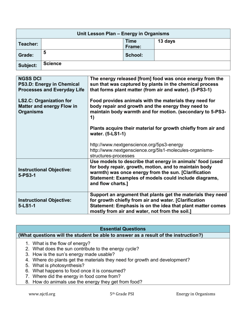 Energy In Organisms Unit Plan