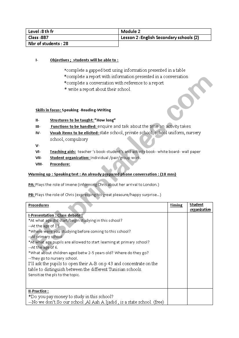 English Secondary Schools 2 Lesson-Plan - Esl Worksheet