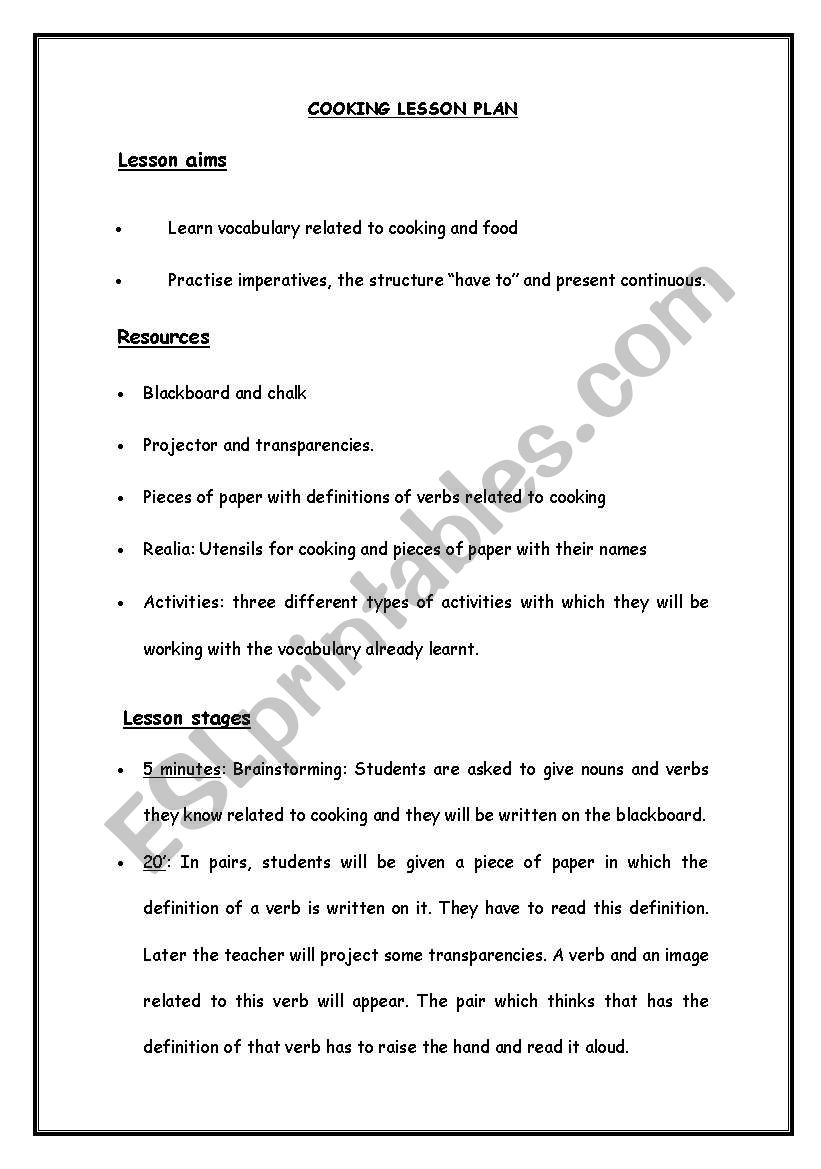 English Worksheets: Cooking Lesson Plan