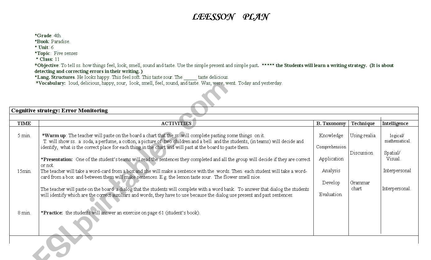 English Worksheets: Five Senses Lesson Plan