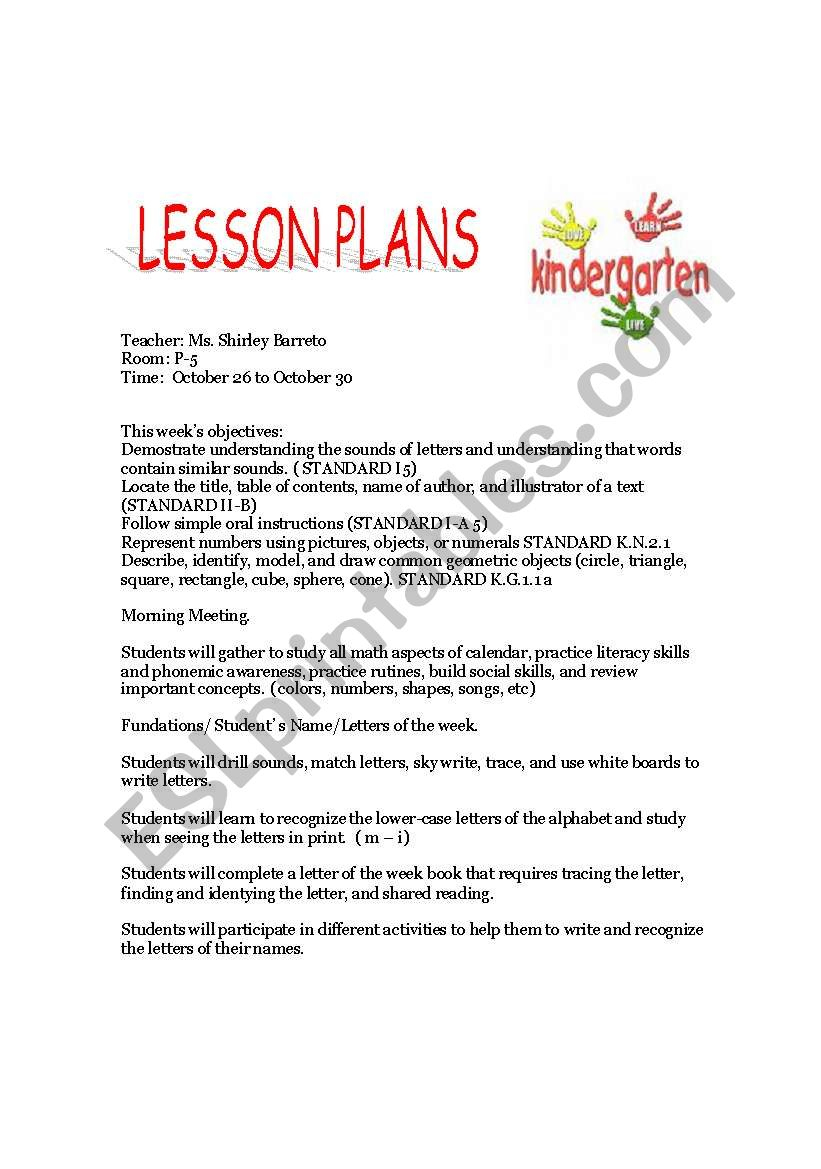 English Worksheets: Kindergarten Lesson Plan