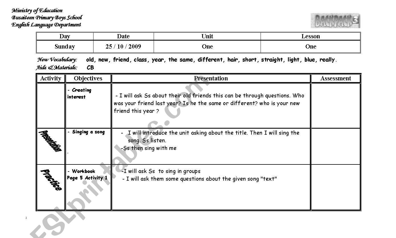 English Worksheets: Lesson Plan 5Th Grade