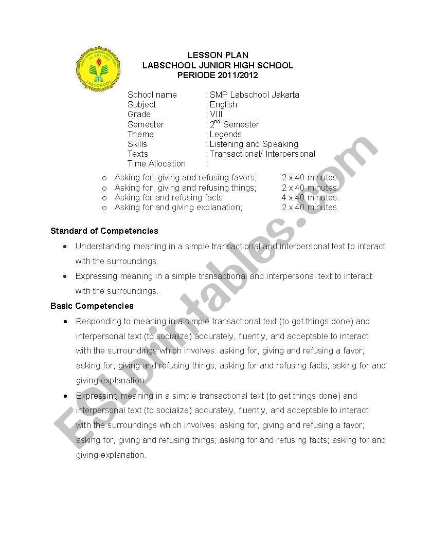 English Worksheets Lesson Plan Labschool Junior High School Lesson Plans Learning