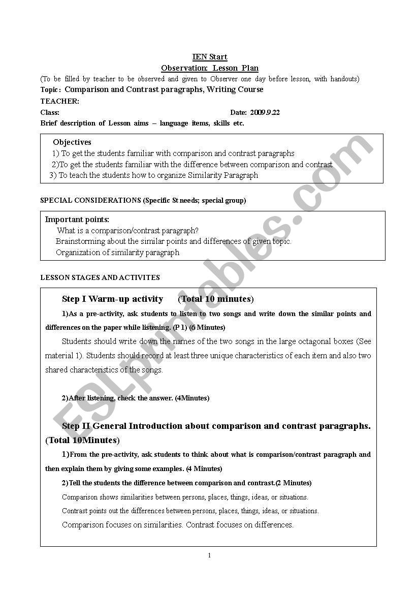 English Worksheets: Lesson Plan Writng Compare And Contrast