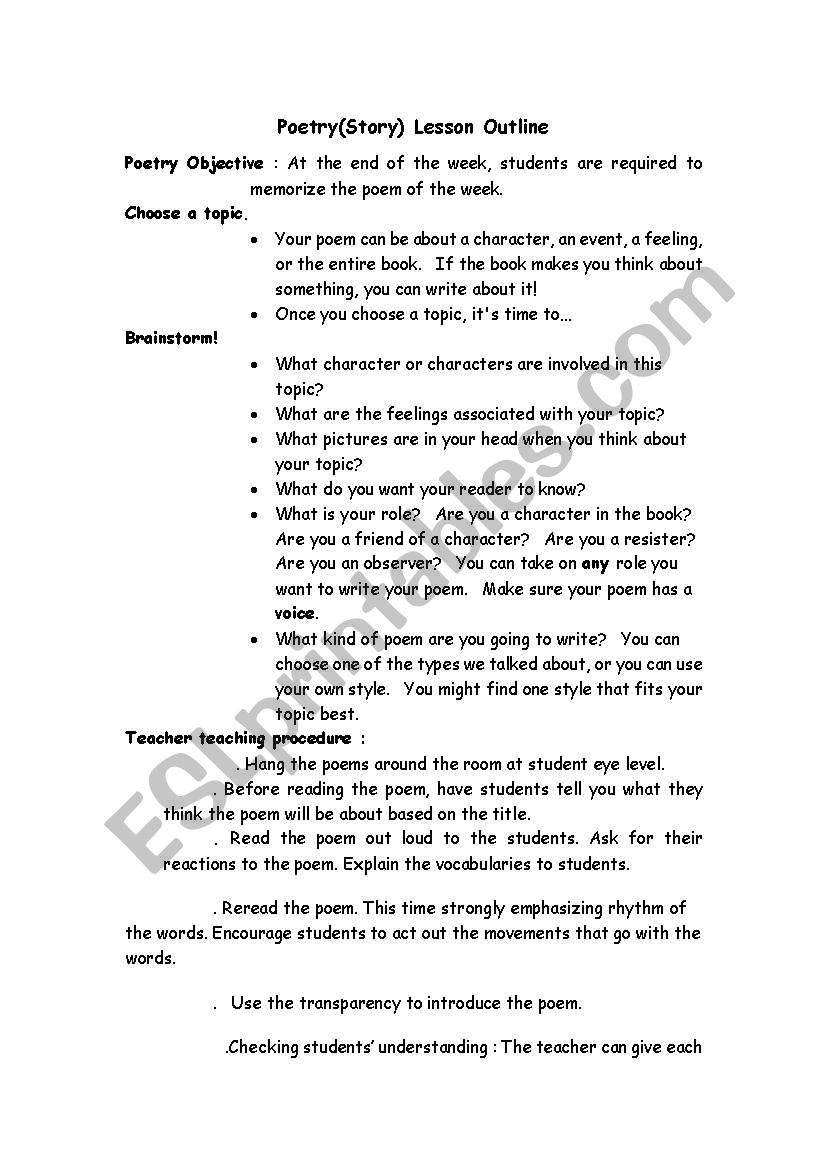 English Worksheets: Poetry Lesson Plan