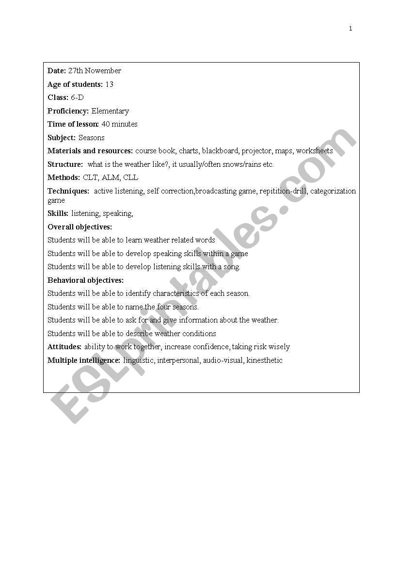 English Worksheets: Seasons Lesson Plan