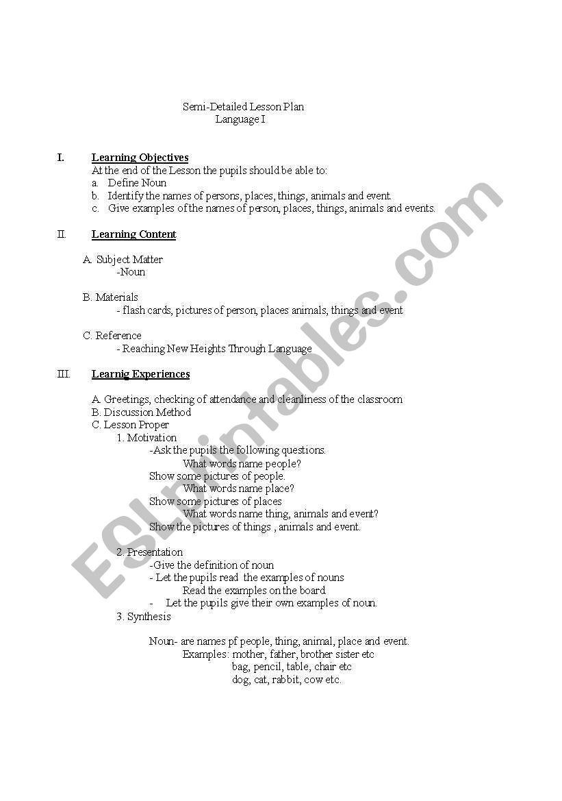 English Worksheets: Semi-Detailed Lesson Plan