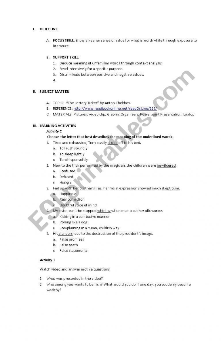 English Worksheets The Lottery Ticketanton Ckehov  Lesson Plans Learning