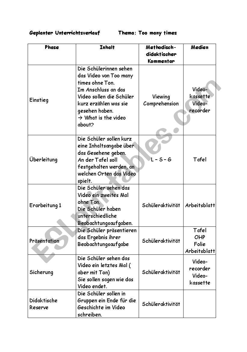 English Worksheets: Too Many Times ~ Creative Writing ~ Incl