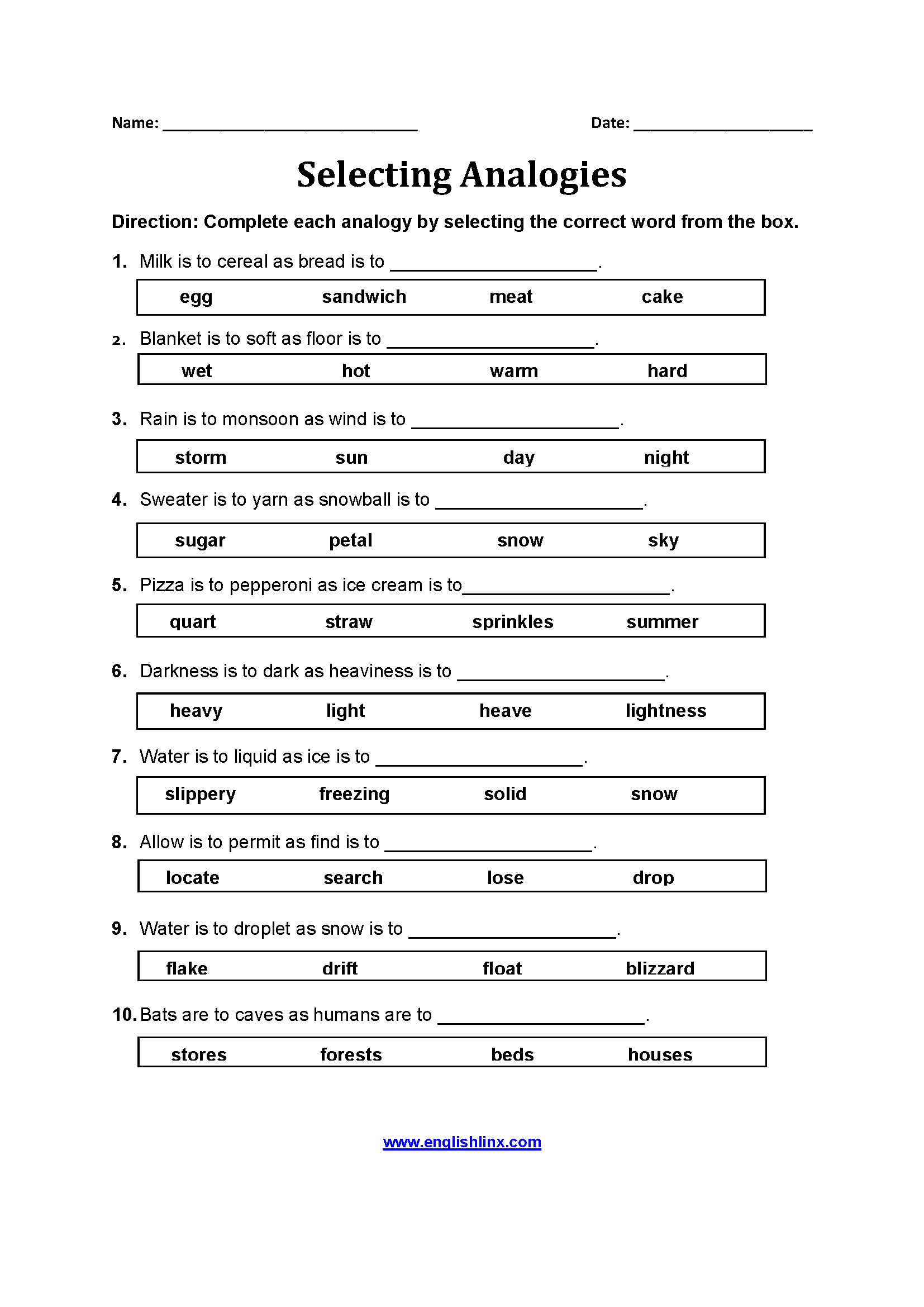 Adjective Analogies Worksheets