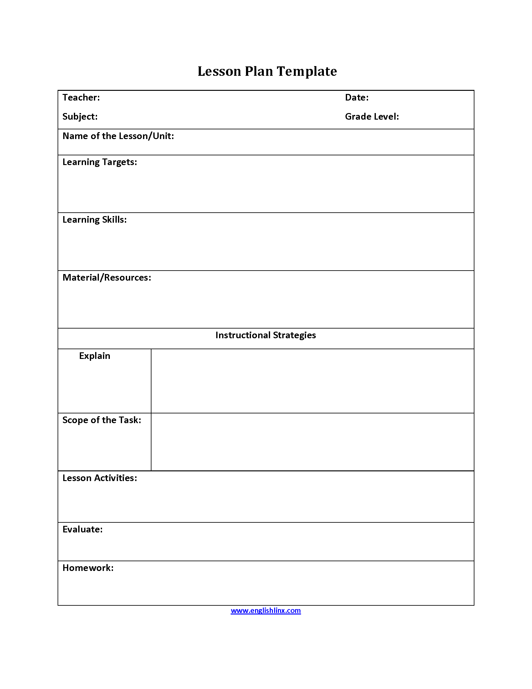 2nd Grade Lesson Plan Template Lesson Plans Learning