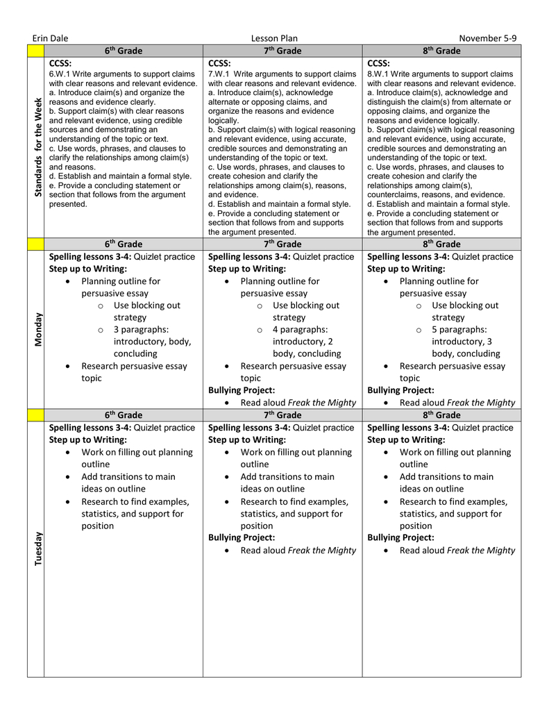 Erin Dalelesson Plannovember 5-9 6Th Grade 7Th Grade 8Th Grade