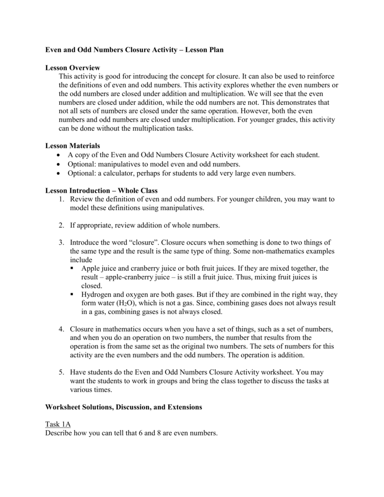 Even And Odd Numbers Closure Activity – Lesson Plan