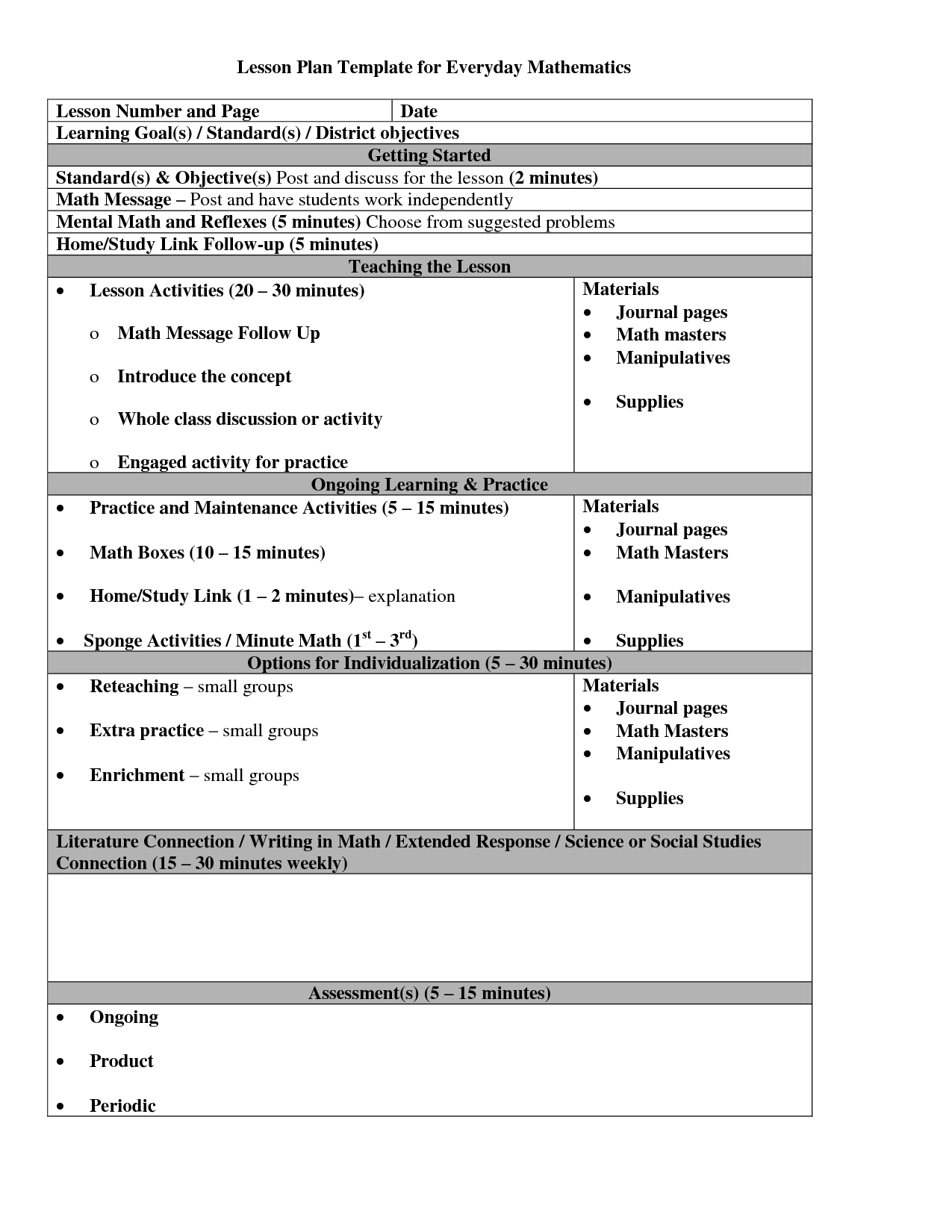 Everyday Math Lesson Plan Template | Math Lesson Plans