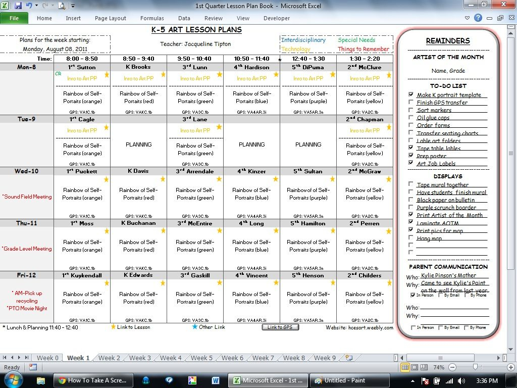 Excel Lesson Plan Book W/side Panel On Parent Communication