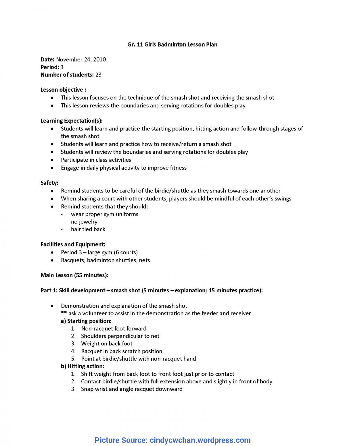 Excellent Grade 11 Lesson Plan Gr.11 Badminton Lesson Plan