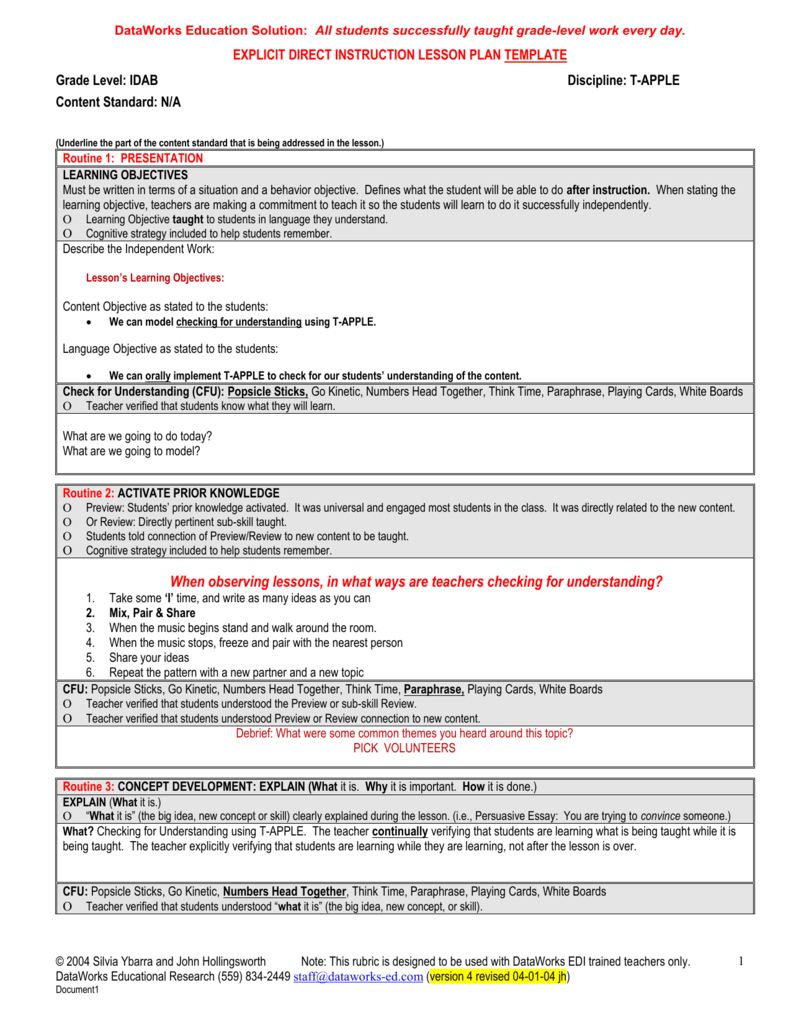 Explicit Direct Instruction Lesson Plan