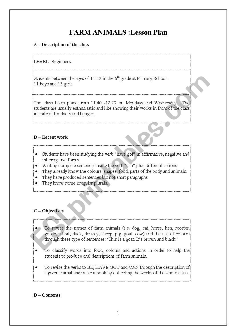 Farm Animals. Lesson Plan. - Esl Worksheetenglish-In-Mind