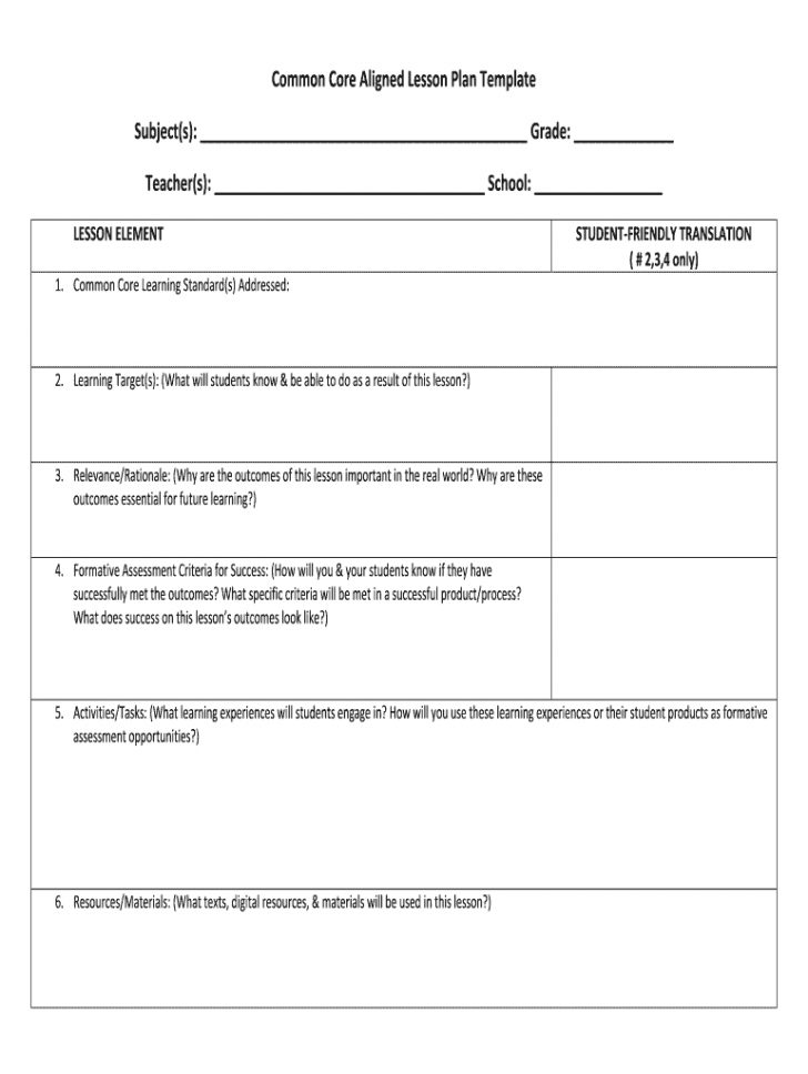 Common Core Aligned Lesson Plan Template - Lesson Plans Learning