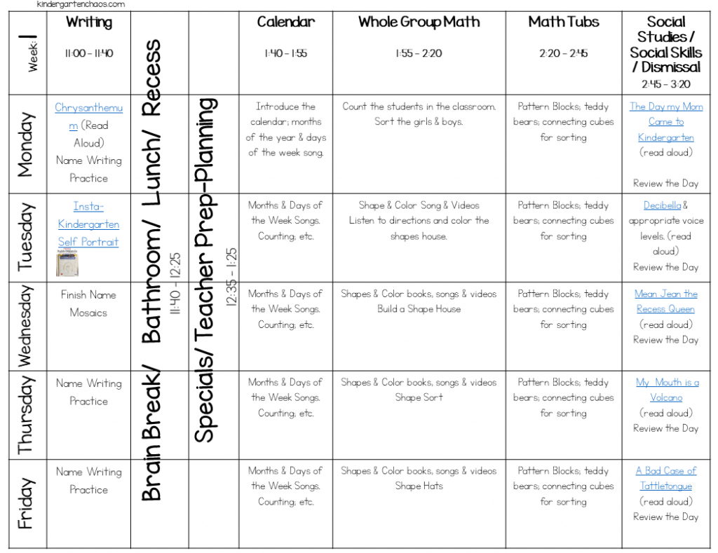 First Week Of School Lesson Plans For Kindergarten With