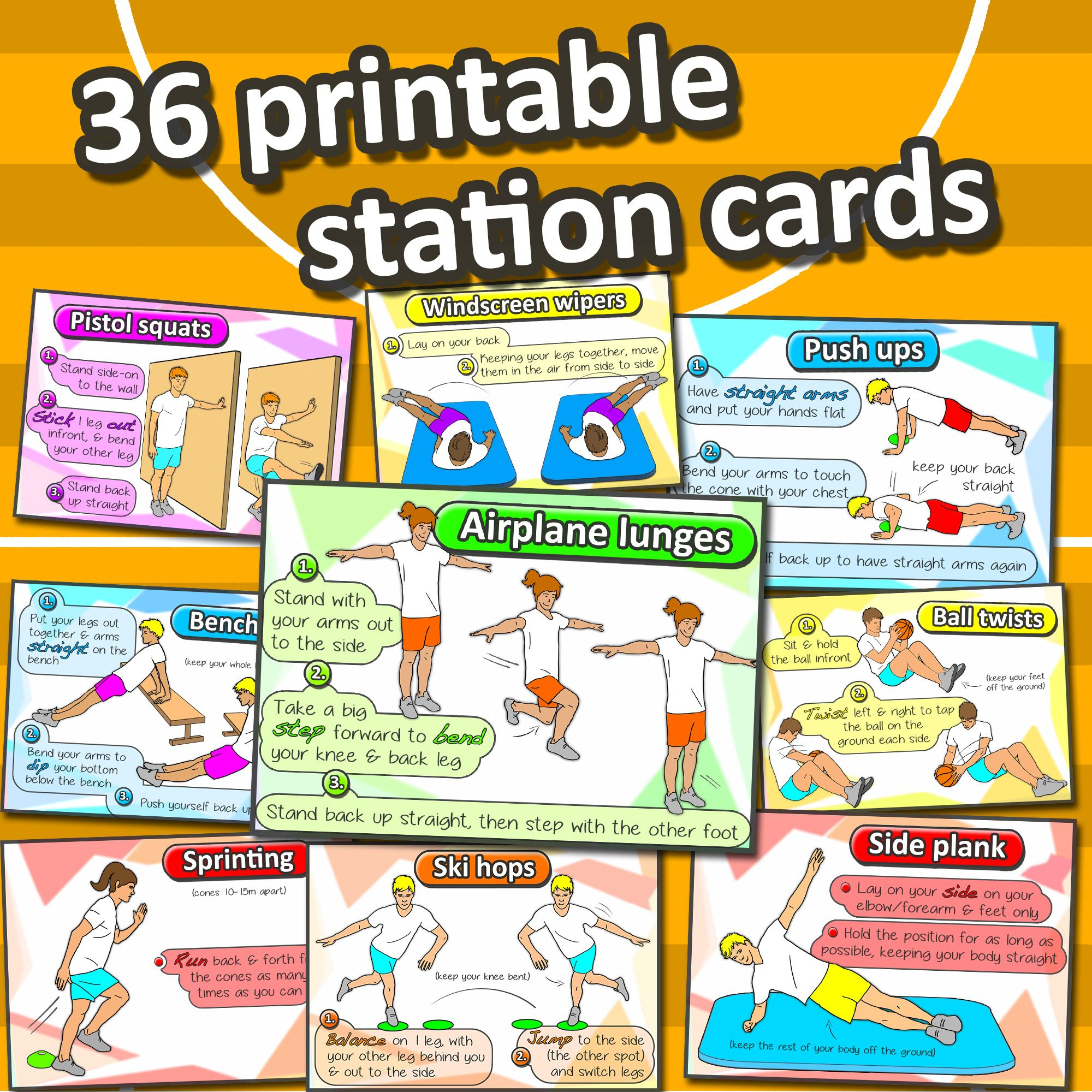 Fitness Circuit Station Cards - 36 Pe Activities For