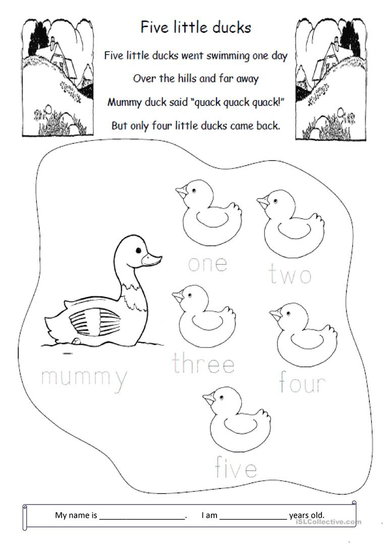 Five Little Ducks - English Esl Worksheets For Distance